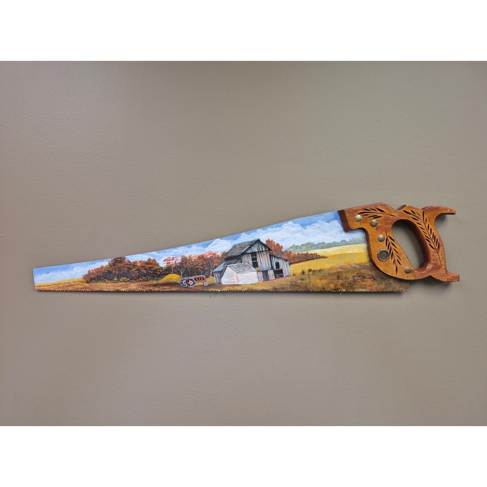 Vintage Hand Painted Saw Art Charlotte Longfield Farm Barn Scene Hebron IL Folk